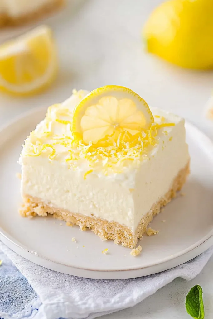 Final plated shot of No Bake Lemon Cheesecake Bars, topped with lemon slice and mint leaf