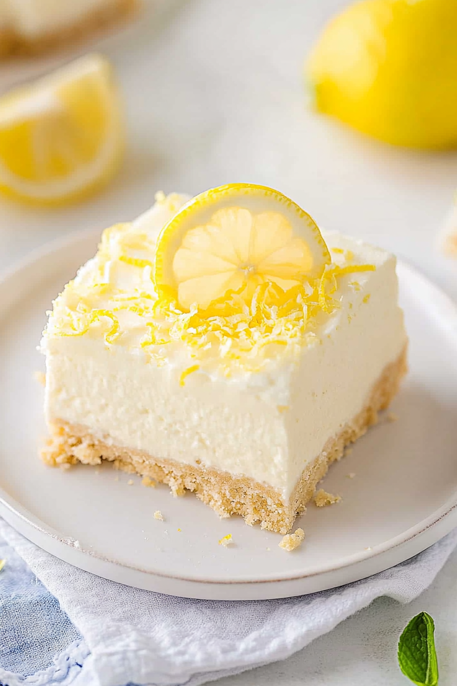 Final plated shot of No Bake Lemon Cheesecake Bars, topped with lemon slice and mint leaf