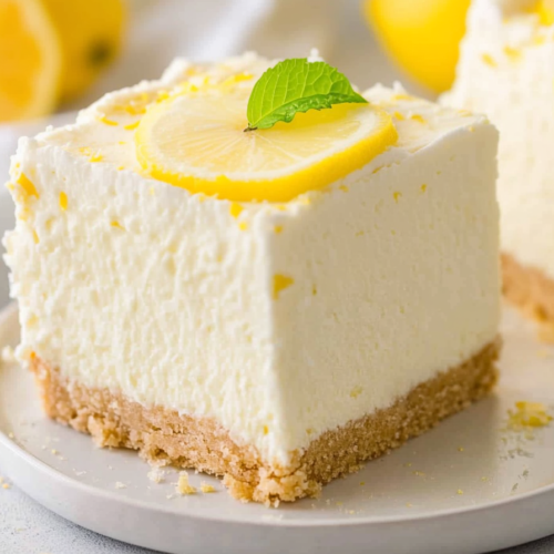 Cheesecake bar served with citrus garnish, emphasizing creamy texture and golden foundation