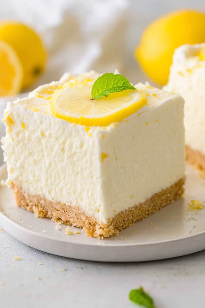 Cheesecake bar served with citrus garnish, emphasizing creamy texture and golden foundation