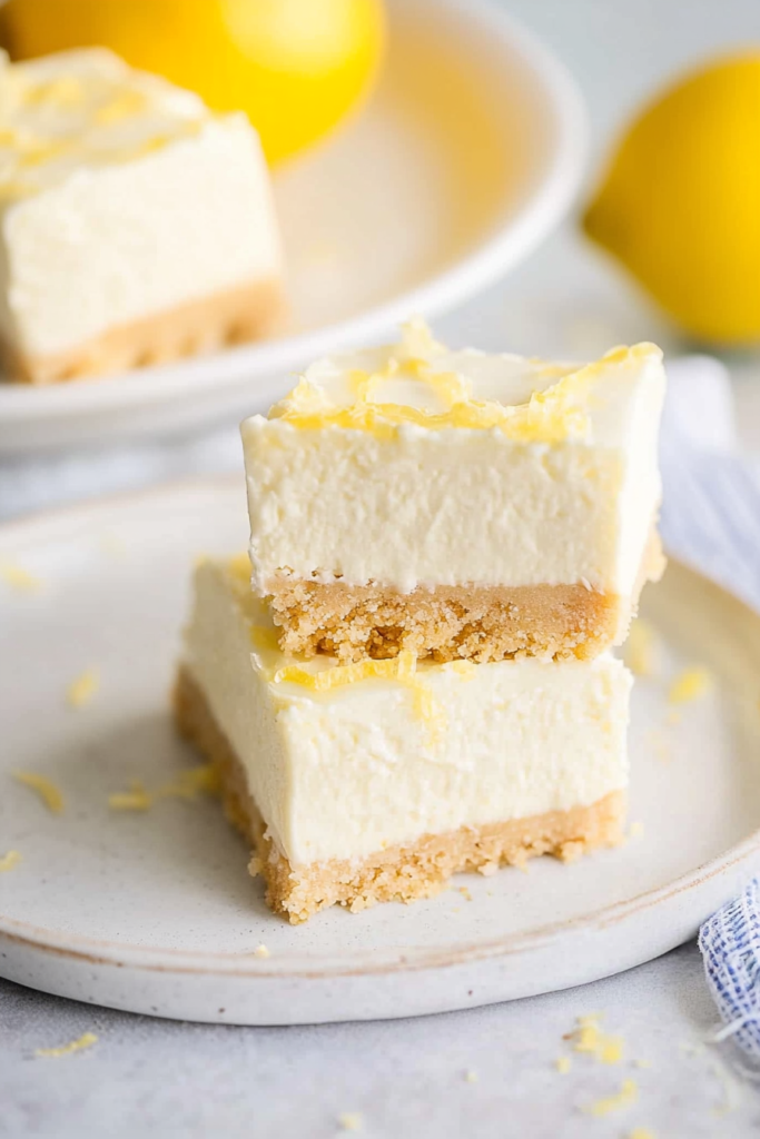 Bright lemon dessert square highlighting contrast between airy filling and firm crust