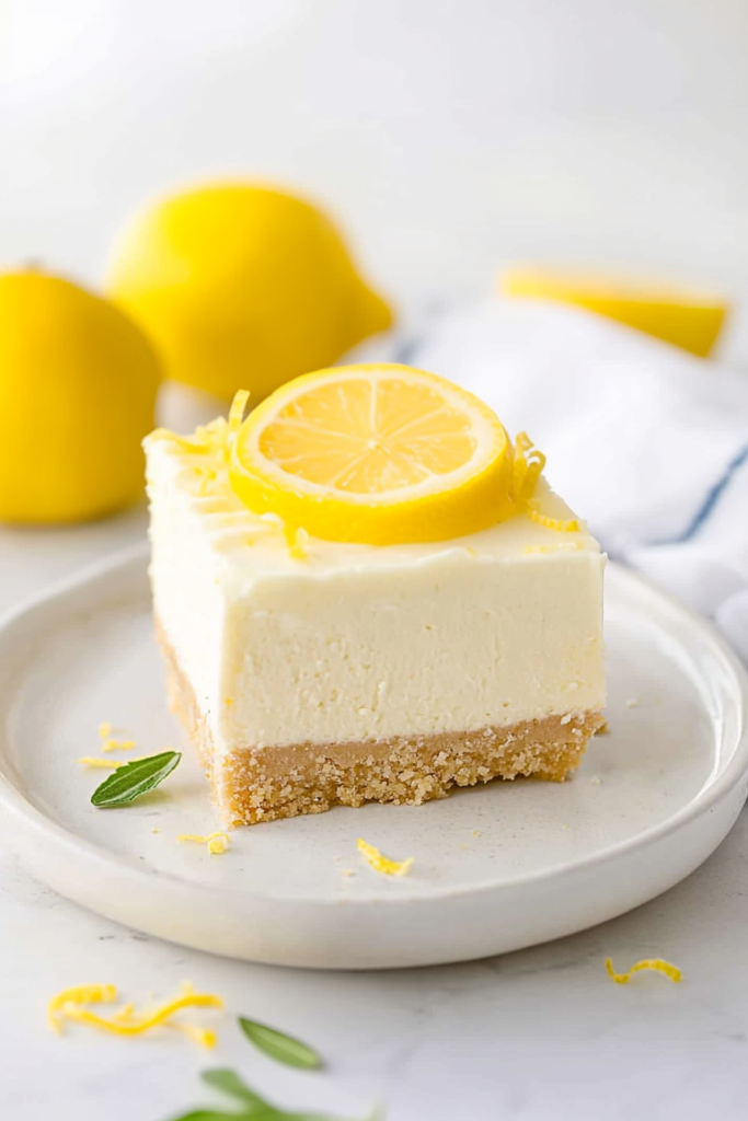 Slice of creamy lemon dessert bar with crumbly crust, garnished with lemon and mint