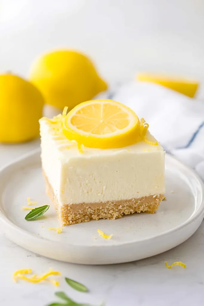 Slice of creamy lemon dessert bar with crumbly crust, garnished with lemon and mint