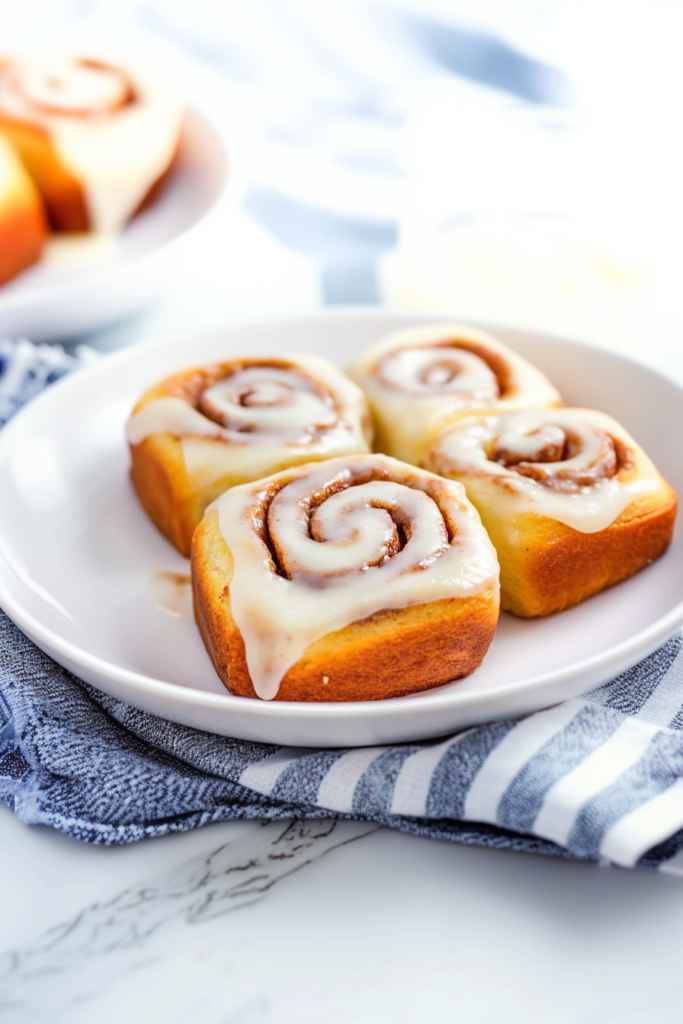 Golden spiraled rolls coated in sweet icing, highlighting their soft dough and rich filling.