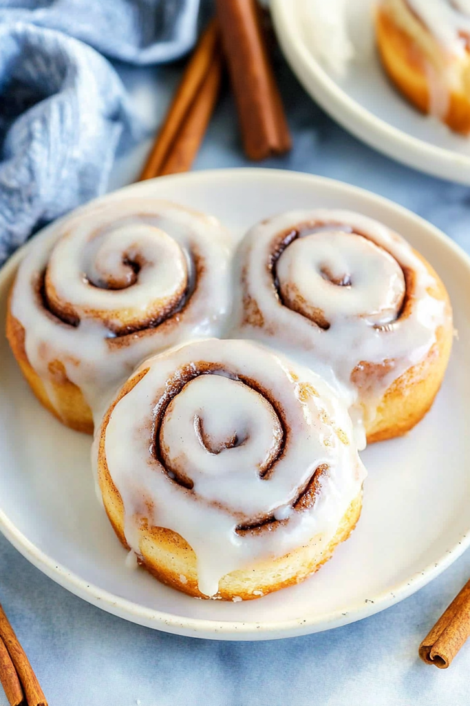 Three golden-brown cinnamon rolls topped with glossy white icing on a breakfast plate.