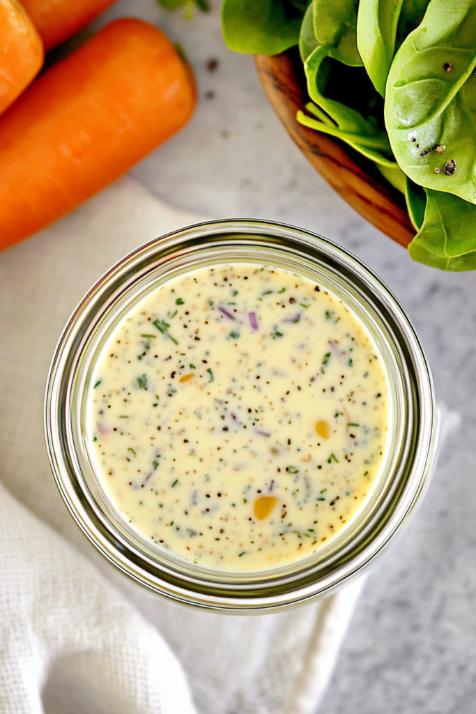 Glass jar of creamy herb dressing with specks of seasoning, placed beside a halved lemon.