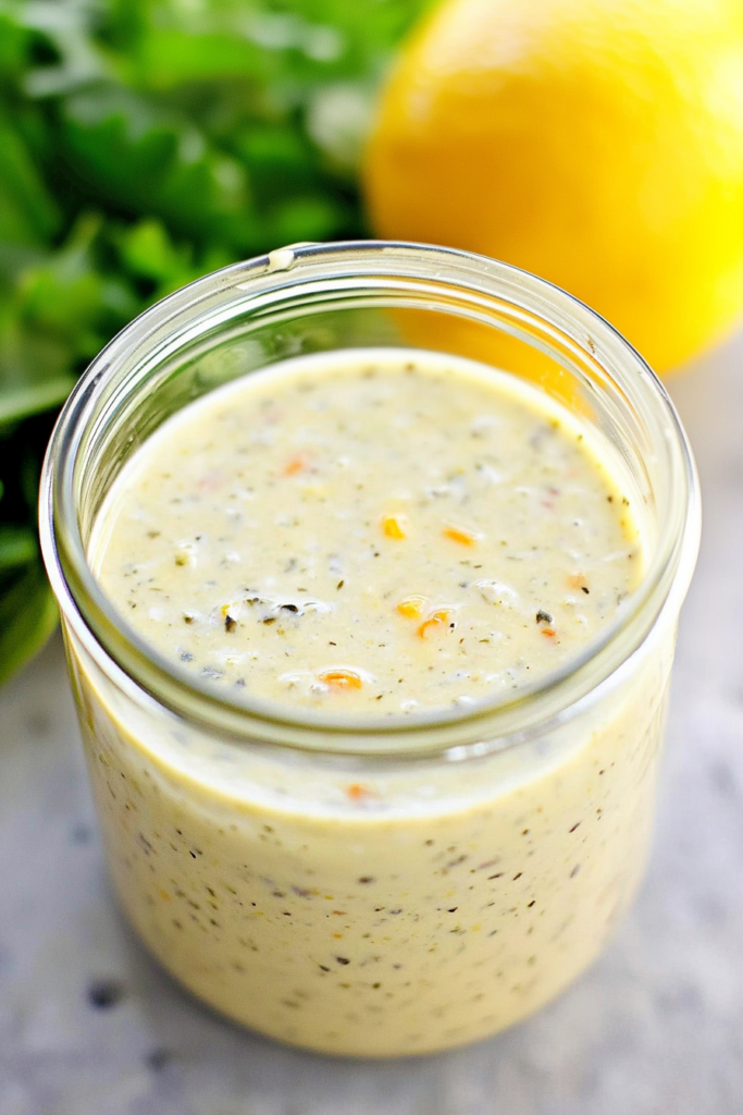 Golden, speckled dressing in a clear jar, surrounded by fresh herbs and citrus.