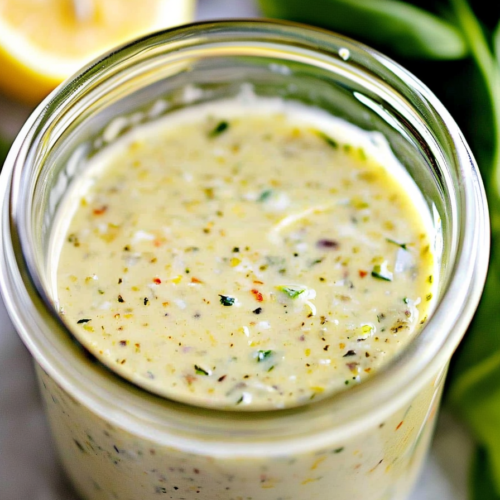 Final presentation of creamy salad dressing highlighting its rich texture and colorful seasoning.