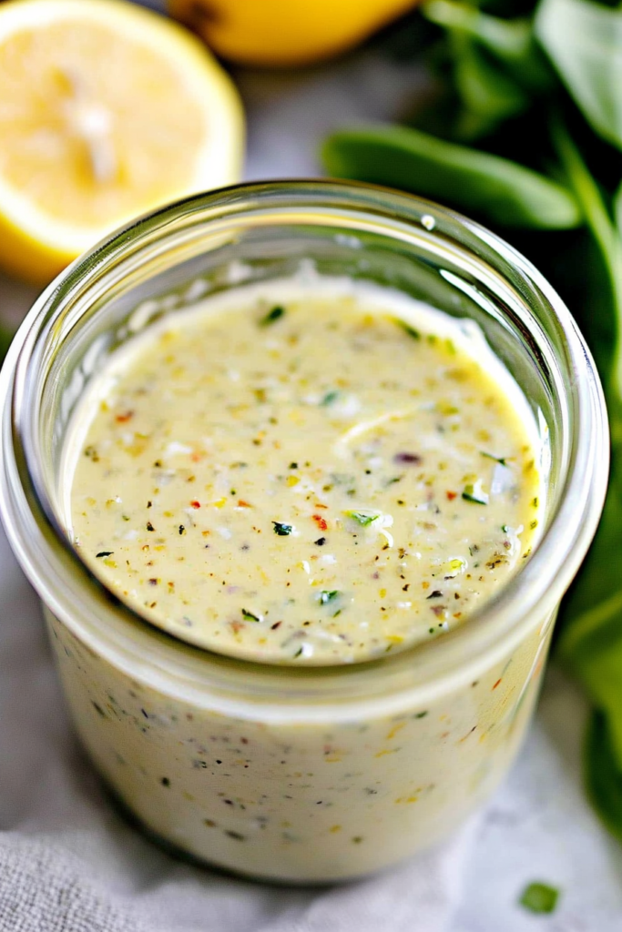 Final presentation of creamy salad dressing highlighting its rich texture and colorful seasoning.