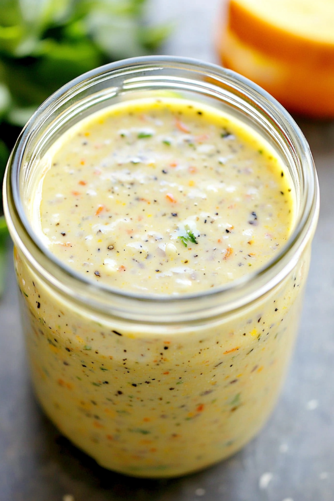 Close-up of homemade salad dressing showing flecks of herbs and spices in a smooth base.