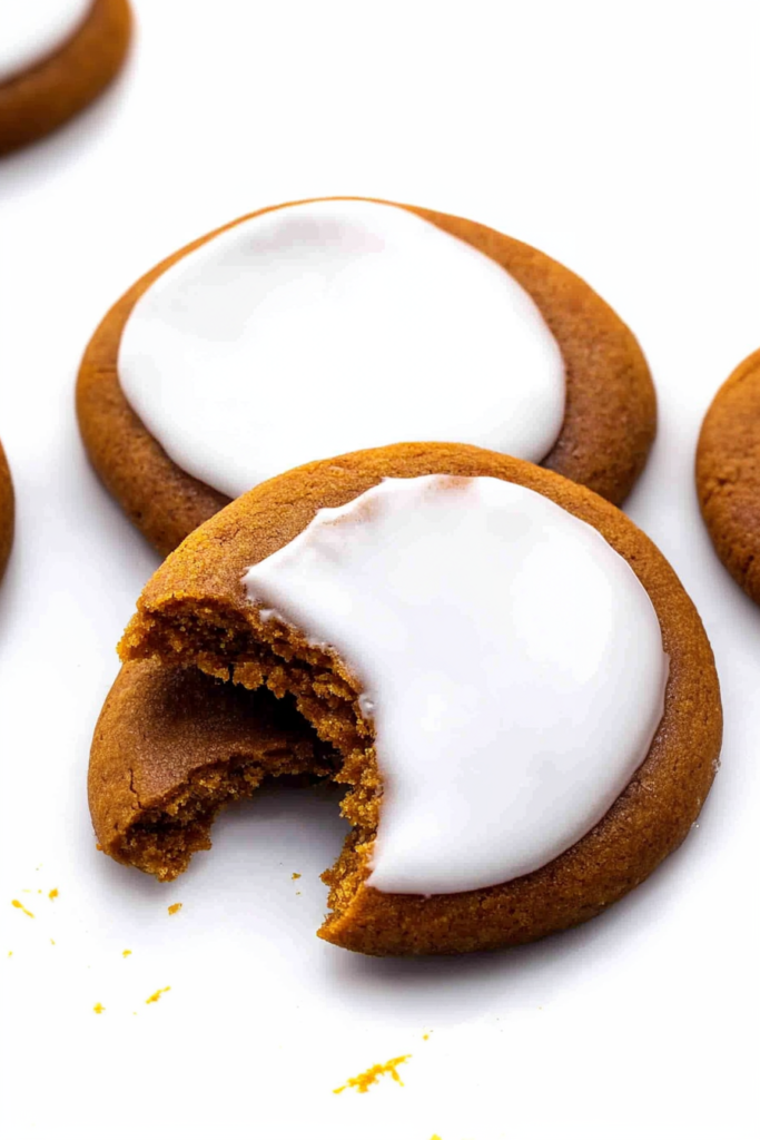 Round spiced cookie with a bite taken out, showing soft brown interior and glossy icing.