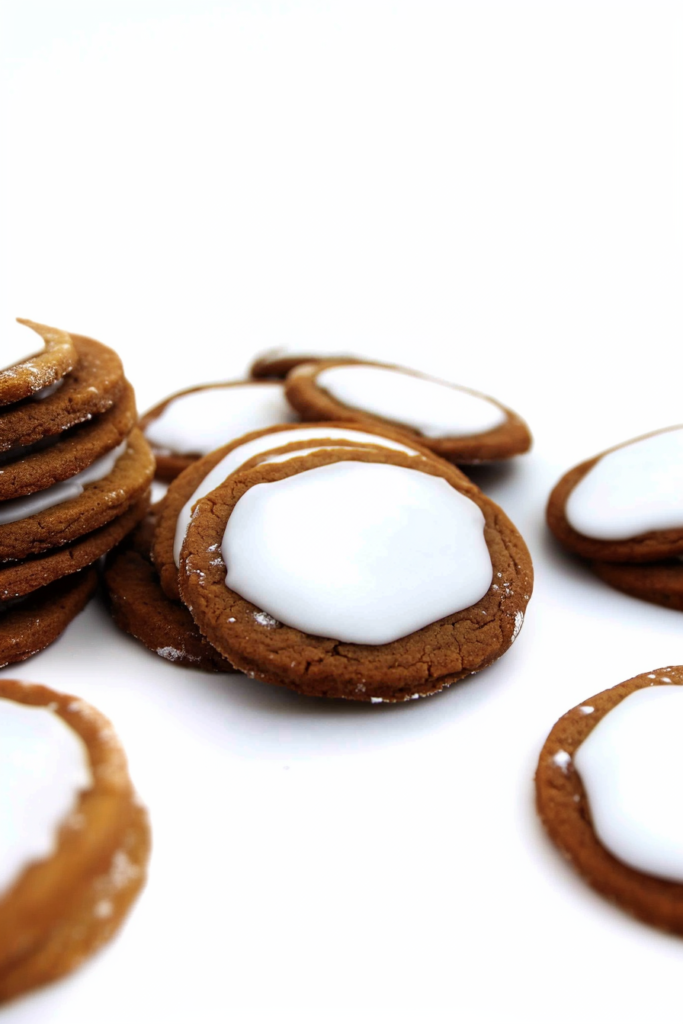 Stack of soft spiced cookies topped with glossy white icing.