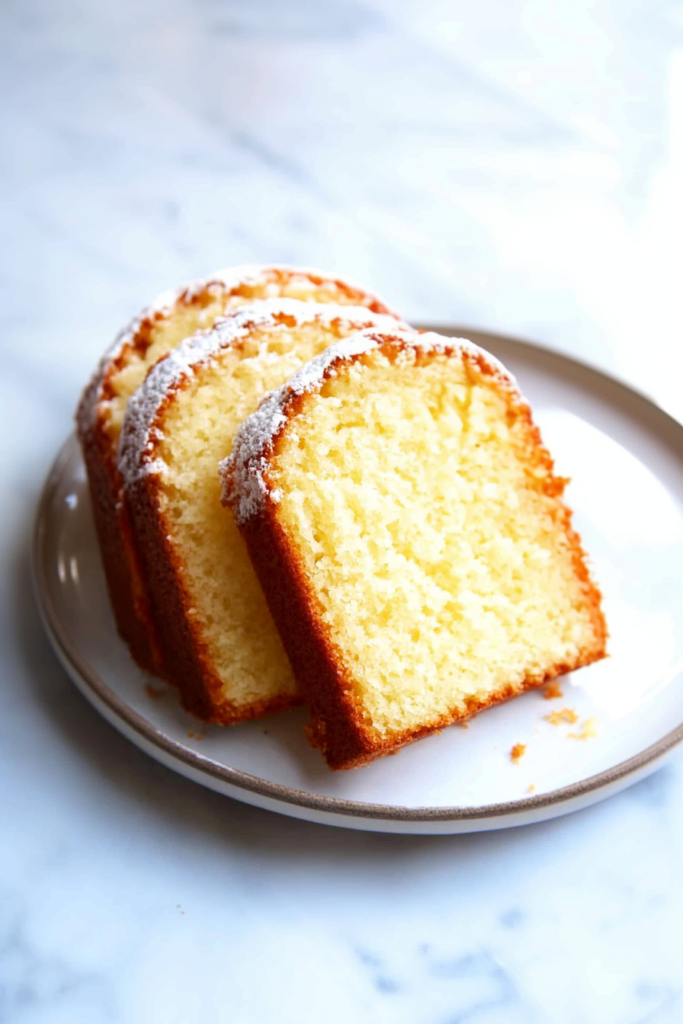 Soft and fluffy citrus dessert loaf served in thick slices with a glossy finish