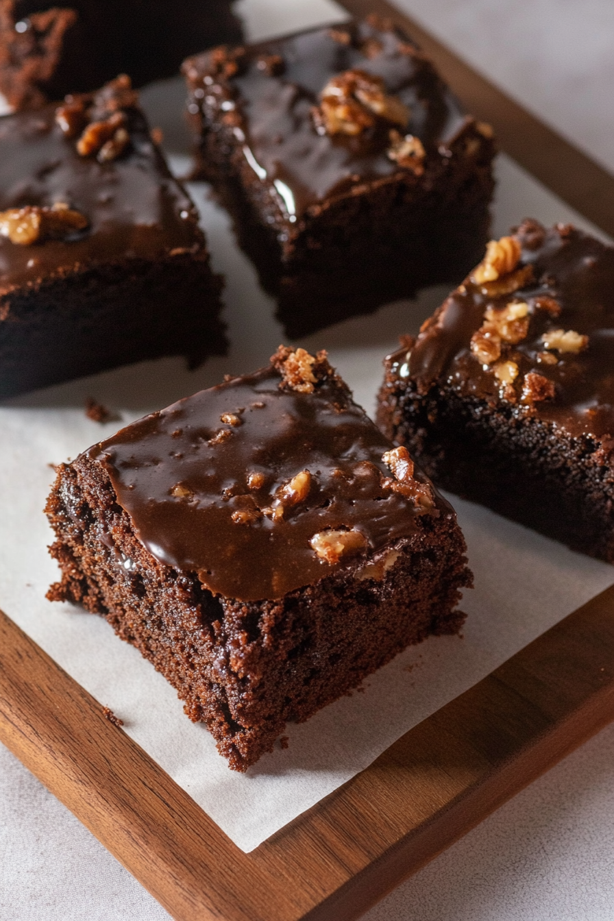 Rich chocolate cake slices with warm frosting served on a wooden board