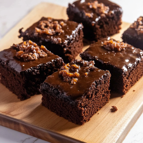 Soft chocolate cake bars covered in smooth icing with pecan pieces