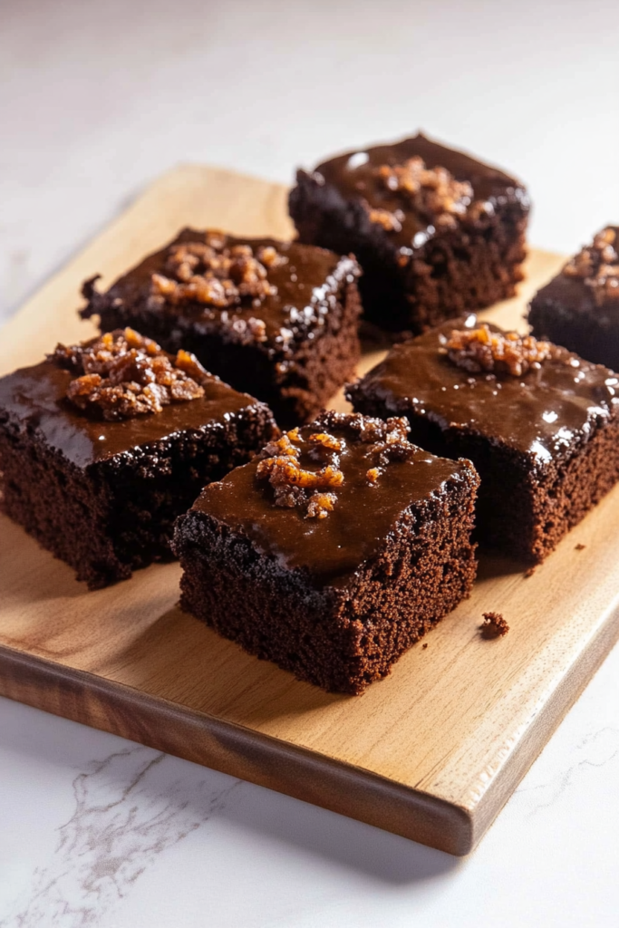 Soft chocolate cake bars covered in smooth icing with pecan pieces