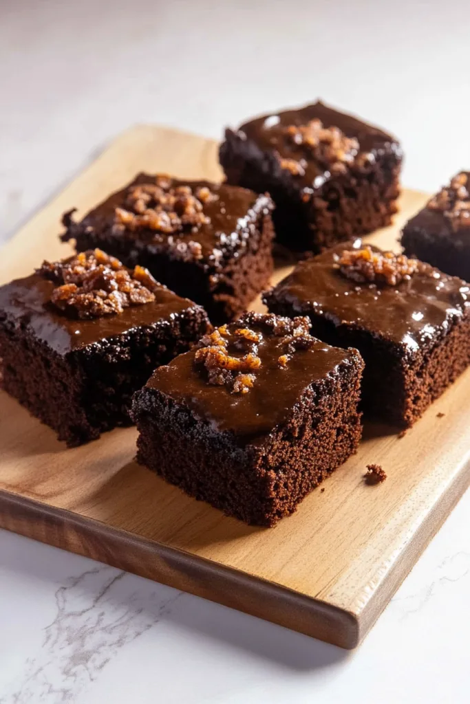 Soft chocolate cake bars covered in smooth icing with pecan pieces