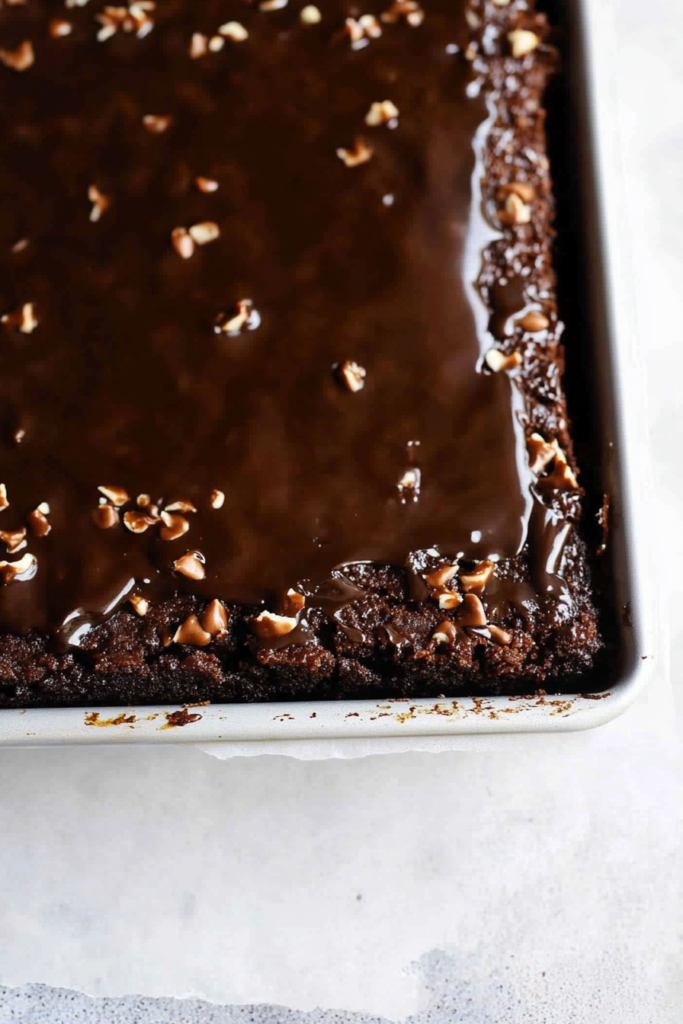 Freshly baked chocolate sheet cake topped with glossy frosting and chopped pecans in a pan.