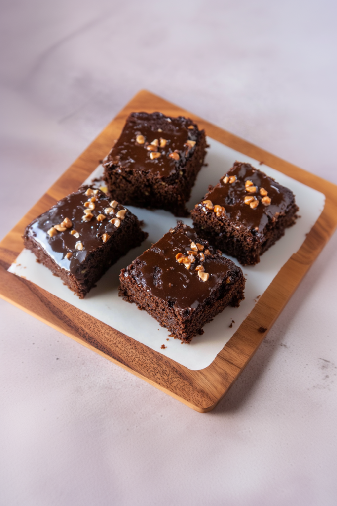 Moist chocolate sheet cake squares topped with glossy fudge icing and chopped nuts