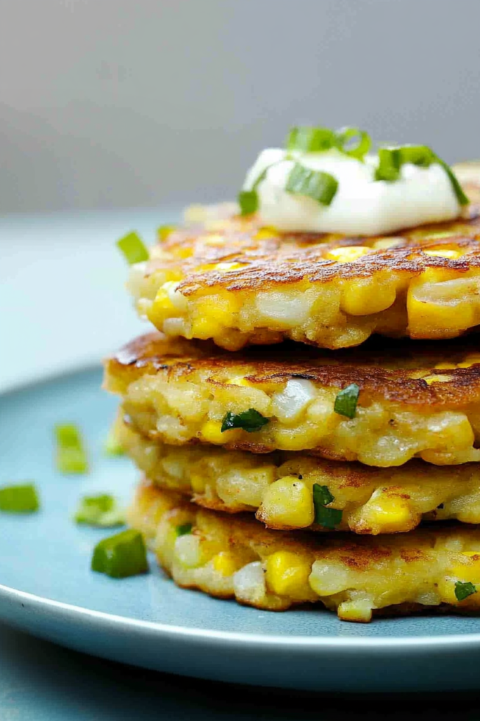 Crispy fritters on a blue plate, showing kernels of corn and herbs inside.