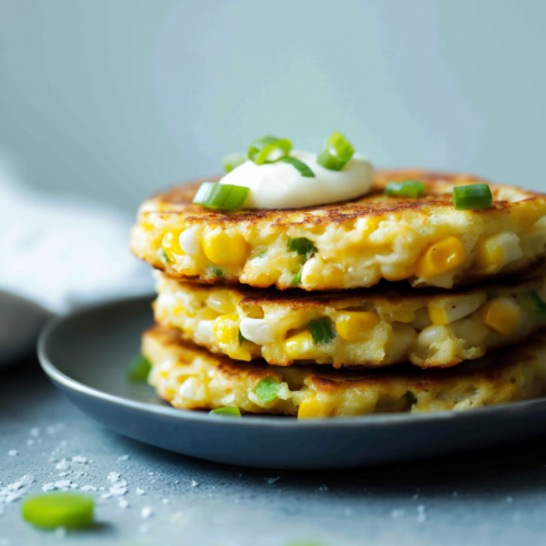 Stack of golden-brown corn fritters topped with sour cream and fresh green onions.