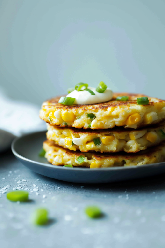 Stack of golden-brown corn fritters topped with sour cream and fresh green onions.