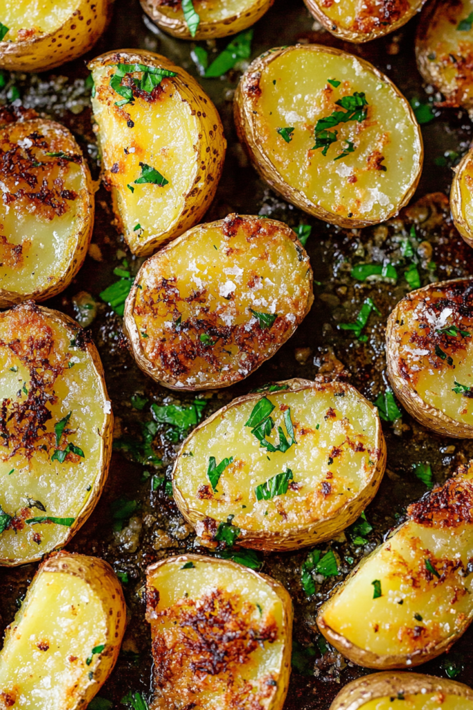 Baking tray filled with evenly browned potatoes, showcasing a crunchy surface and tender centers.