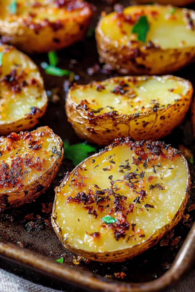 Warm, oven-fresh potatoes with a golden crust and aromatic garlic seasoning.