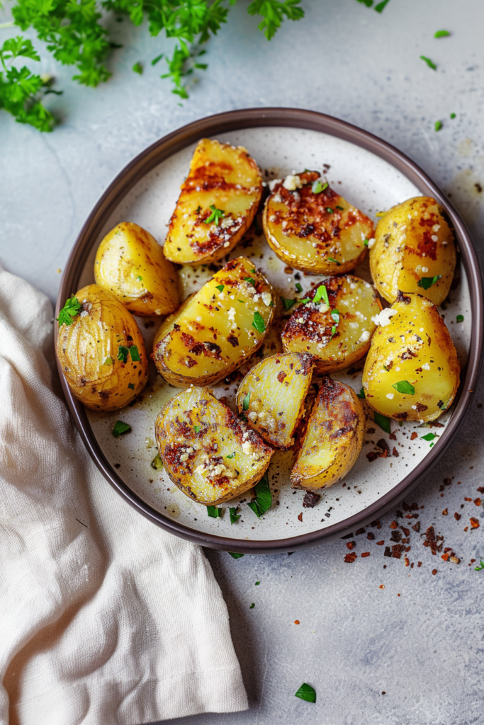 Rustic serving of roasted potatoes, garnished with herbs for a vibrant finishing touch.