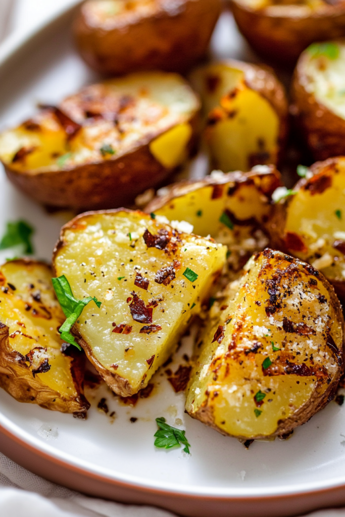 Golden roasted potato halves with crisp edges and fresh herbs scattered on top.
