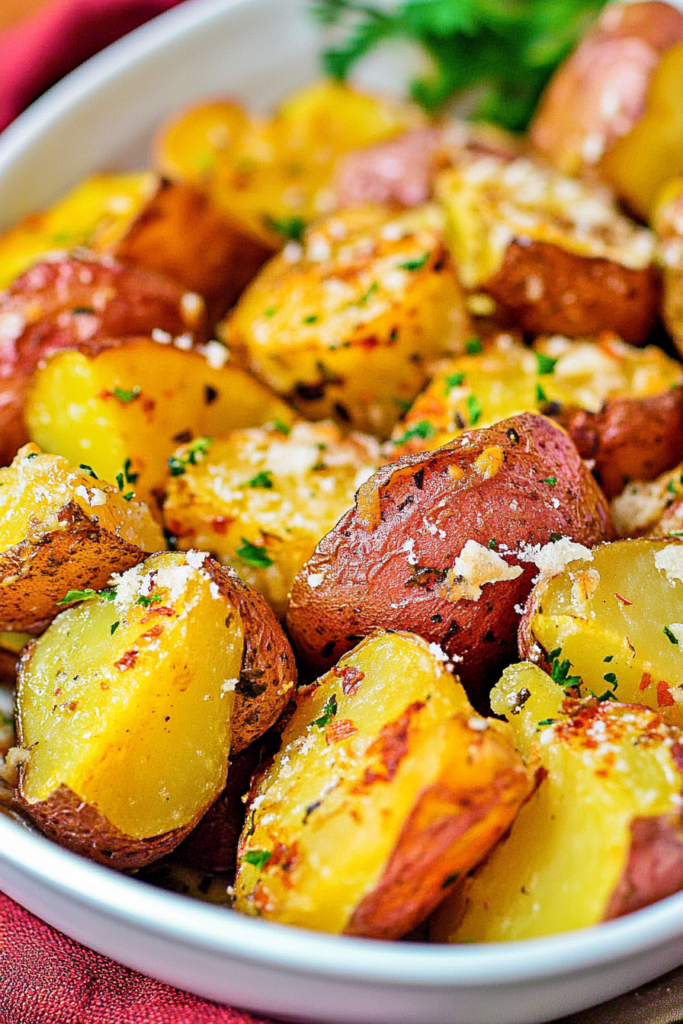 Oven-roasted potato pieces with a crisp exterior, topped with grated cheese and coarse salt.