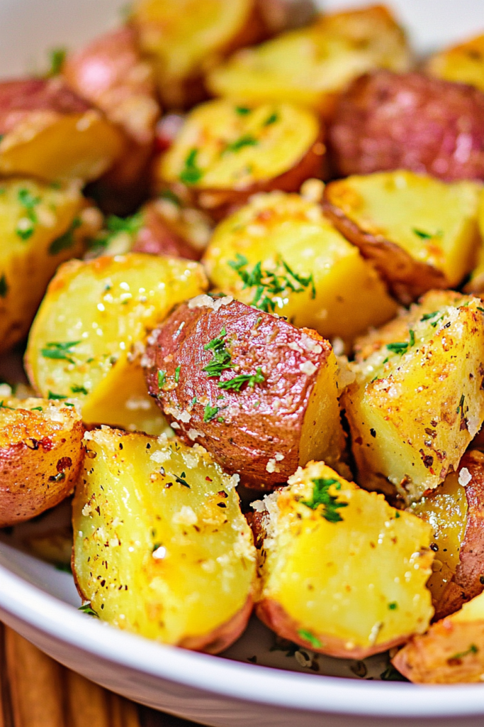 Close-up of crispy red-skinned potatoes with browned edges and fresh parsley garnish.