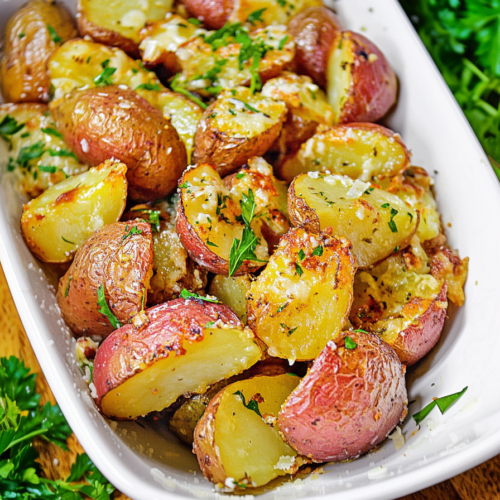 Final serving of Parmesan Roasted Red Potatoes highlighting their rustic texture and savory seasoning.
