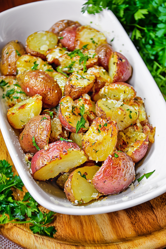 Final serving of Parmesan Roasted Red Potatoes highlighting their rustic texture and savory seasoning.