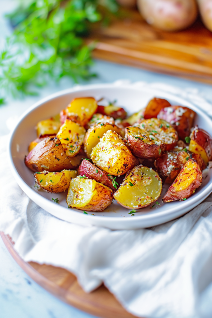 White bowl filled with golden-brown roasted potato chunks sprinkled with herbs and cheese.