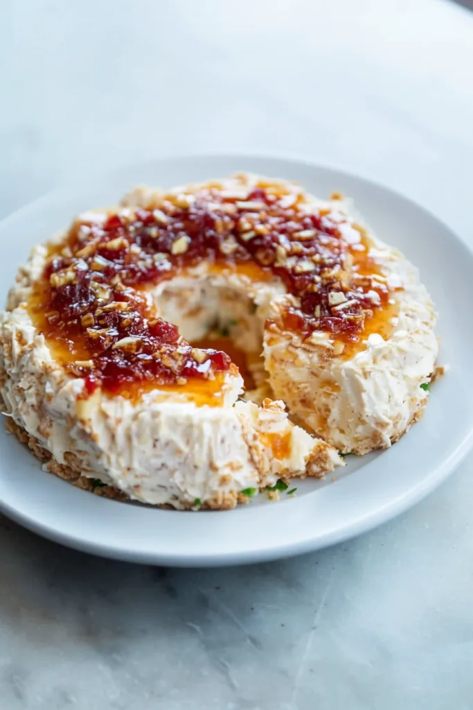 Savory cheese spread on a plate, hollow center filled with vibrant sauce, sprinkled with fresh toppings.