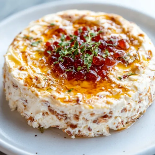 Creamy cheese spread molded into a ring, topped with bacon bits and green onions, sauce in the center.