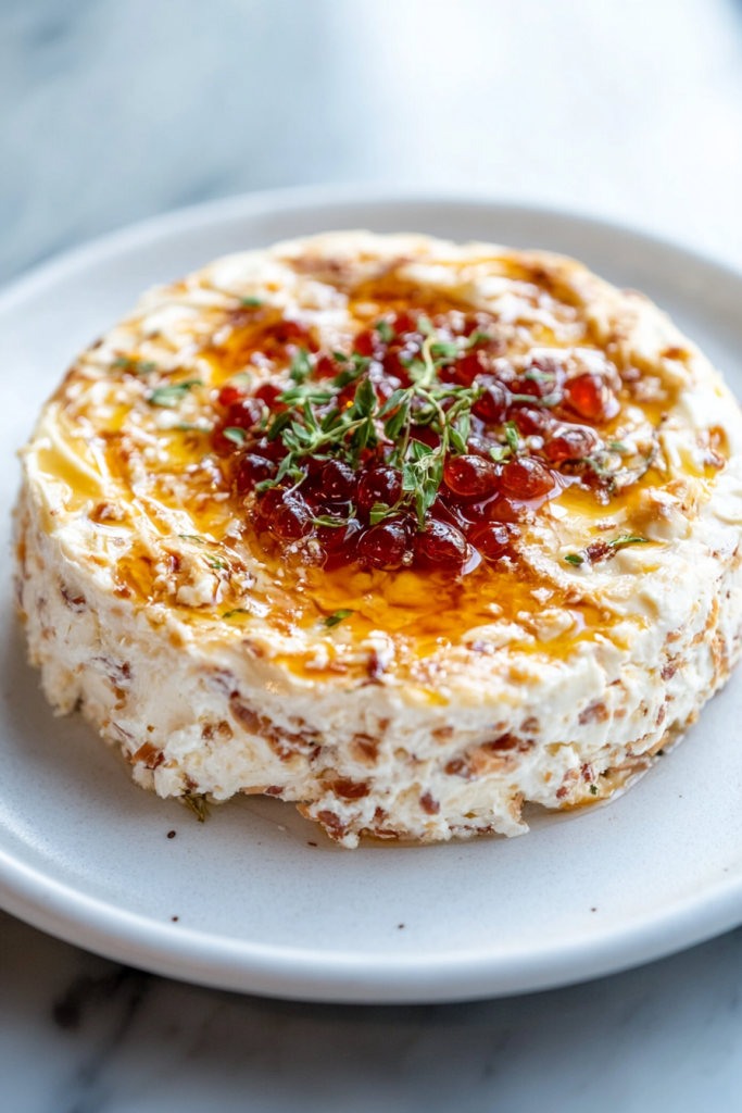 Creamy cheese spread molded into a ring, topped with bacon bits and green onions, sauce in the center.
