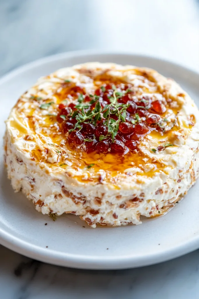 Creamy cheese spread molded into a ring, topped with bacon bits and green onions, sauce in the center.