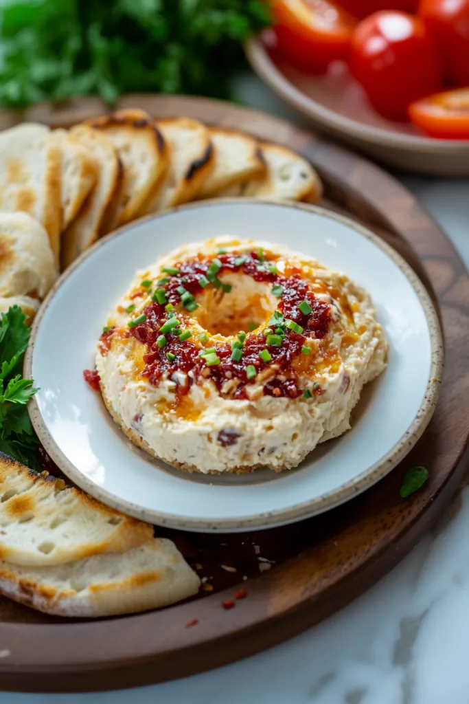 Ringโshaped creamy cheese spread topped with vibrant sauce and fresh herbs, served with toasted bread slices.