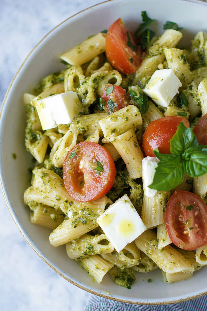Close-up of pasta coated in creamy pesto sauce with colorful tomato halves and basil leaves for garnish.