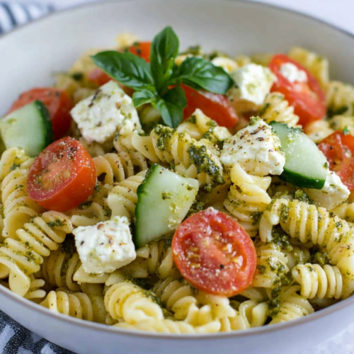 A bowl of penne tossed in vibrant green pesto, topped with cherry tomatoes, mozzarella chunks, and fresh basil.