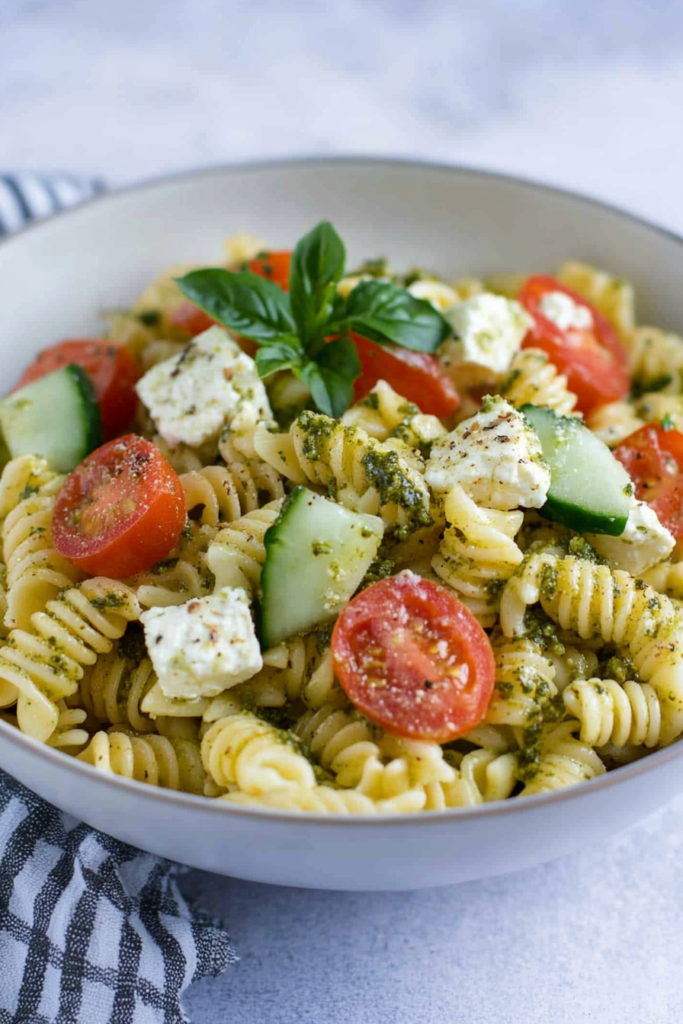 A bowl of penne tossed in vibrant green pesto, topped with cherry tomatoes, mozzarella chunks, and fresh basil.