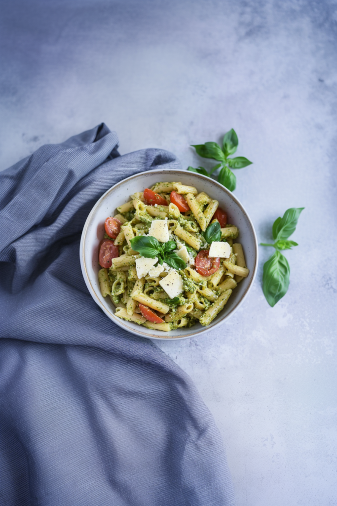 Overhead shot of a rustic pasta dish with bright pesto, basil sprigs, and scattered black pepper.