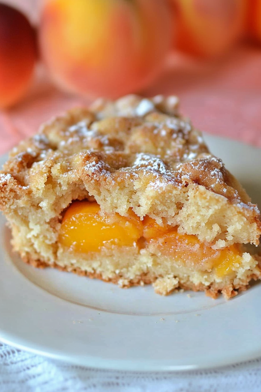 Golden cake slice showing fresh peach filling and crumbly topping.