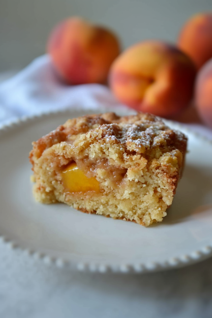 Peach-filled cake slice with buttery crumble topping on a white plate.