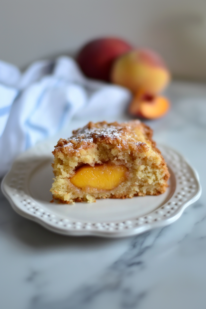 Soft breakfast cake packed with sweet peach chunks and lightly dusted with sugar.