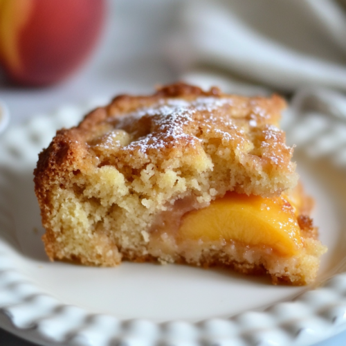 Slice of moist coffee cake filled with juicy peach pieces and powdered sugar on top.