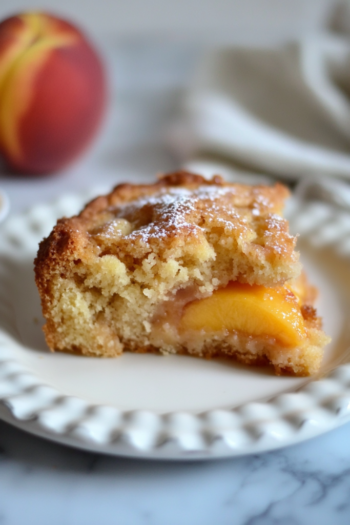 Slice of moist coffee cake filled with juicy peach pieces and powdered sugar on top.