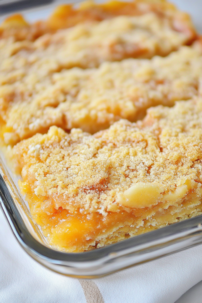 Soft peach crumble squares with golden topping and fresh peach filling